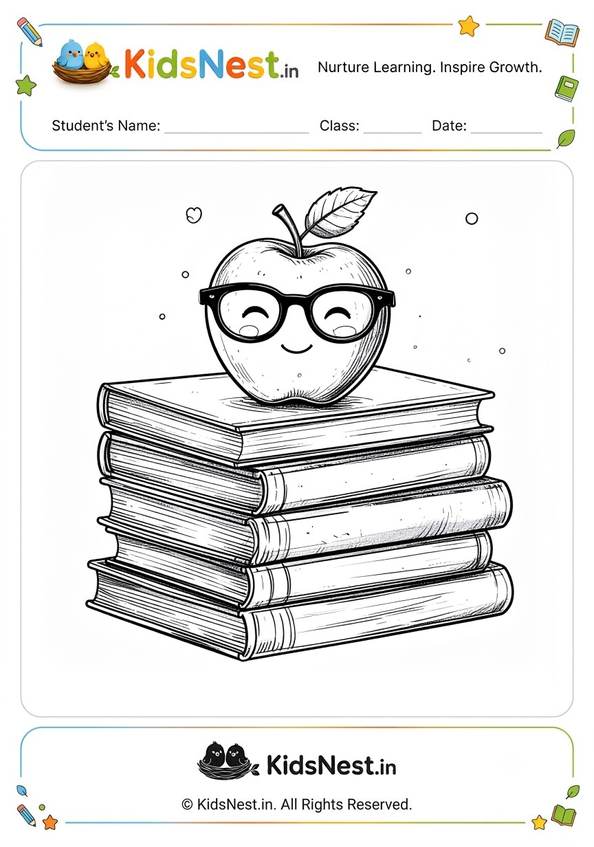 Printable Smart Apple on Books Coloring Worksheet for Kids