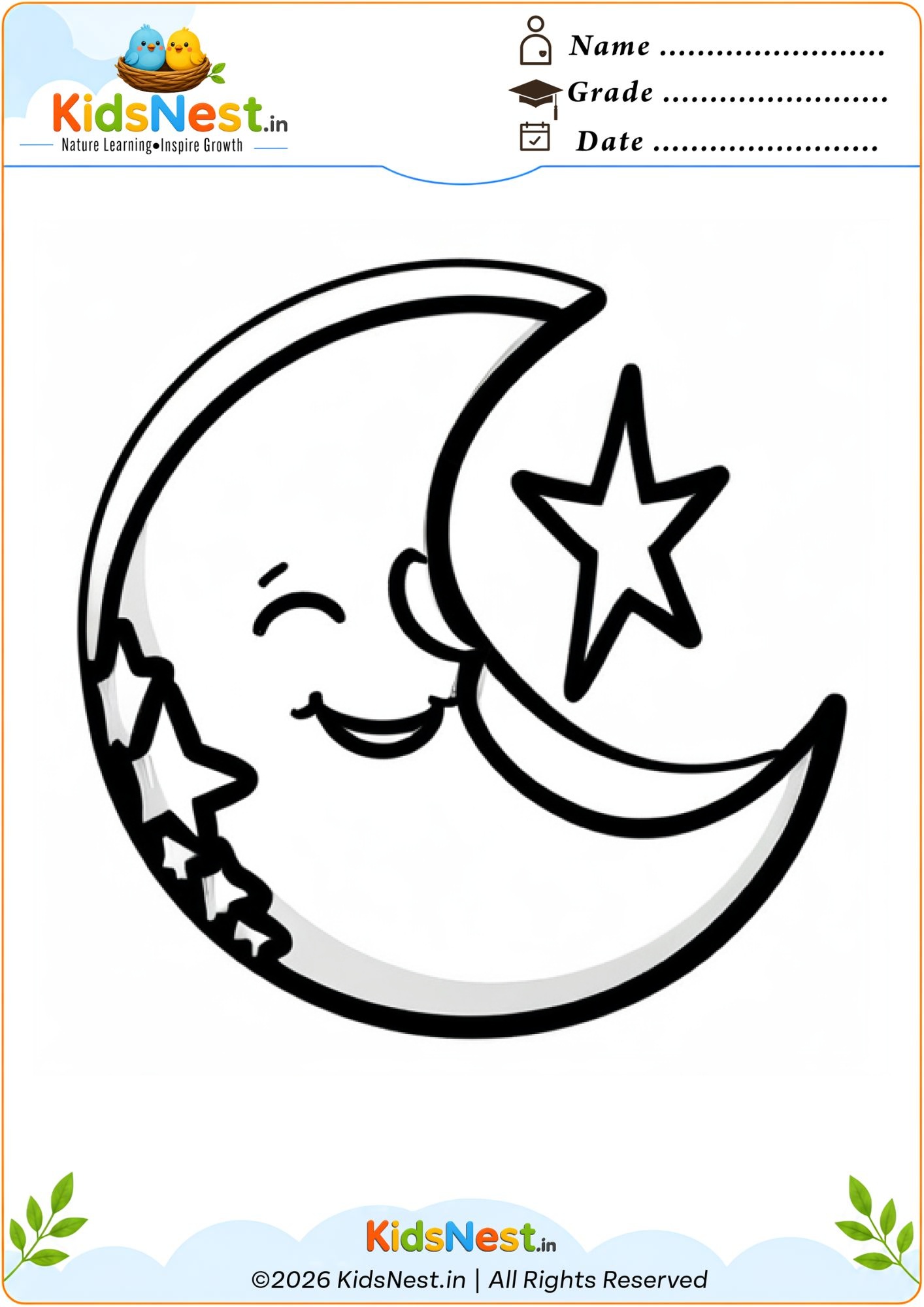 Printable Smiling Moon and Stars Coloring Worksheet for Kids