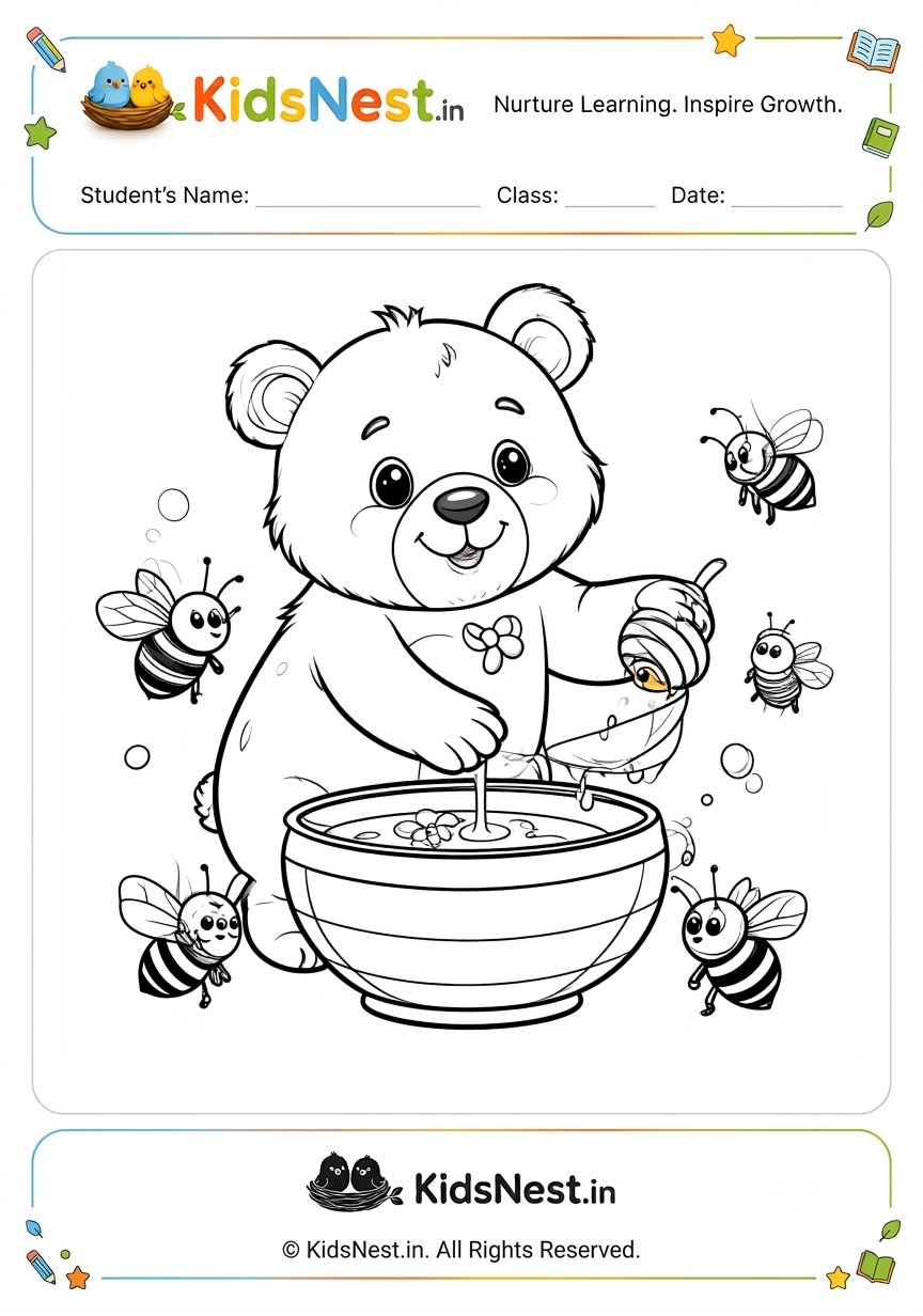 Teddy Bear and Bees Coloring Worksheet | Free Printable for Kids