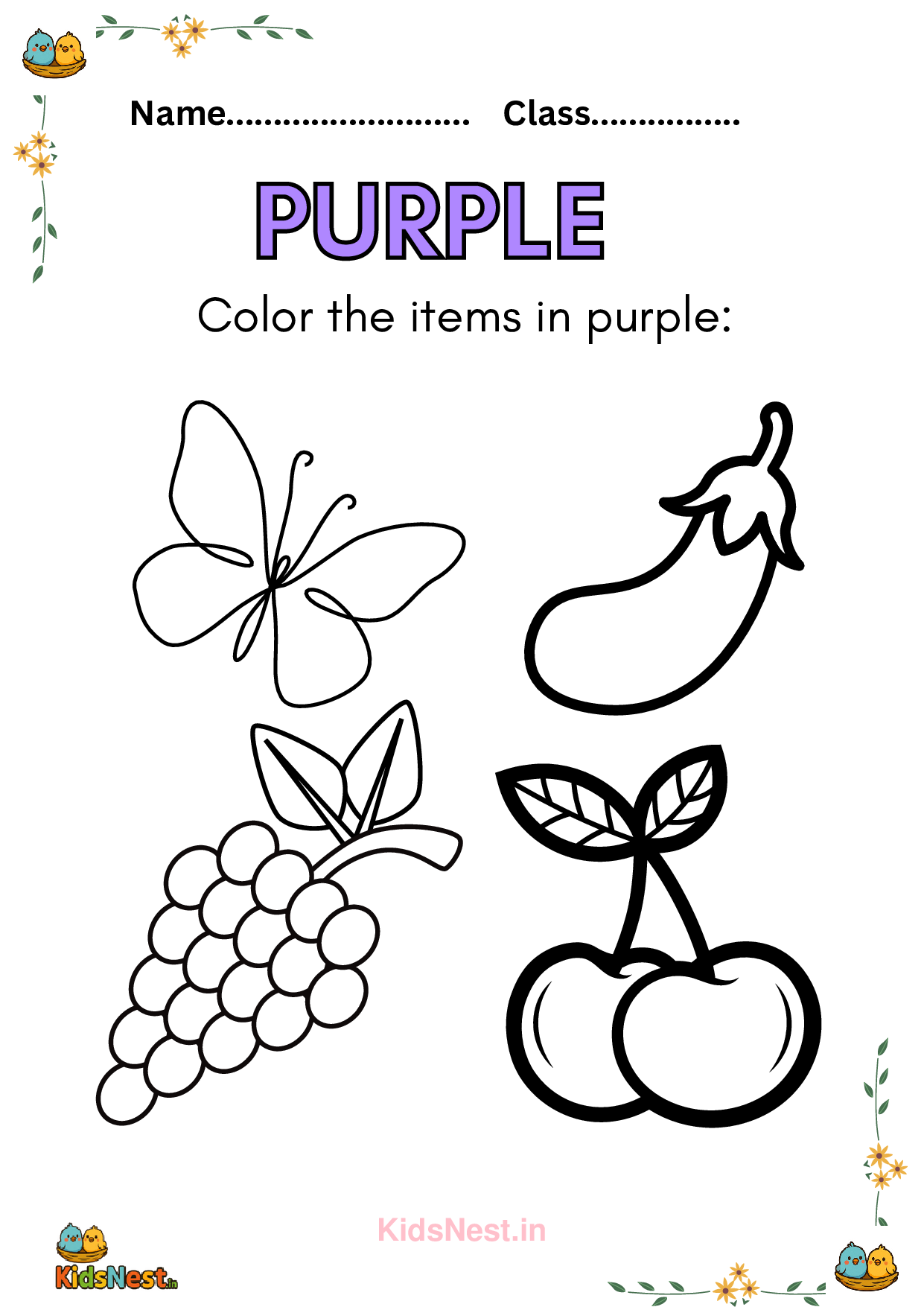 Purple Colouring Pages & Educational Worksheets for Kids