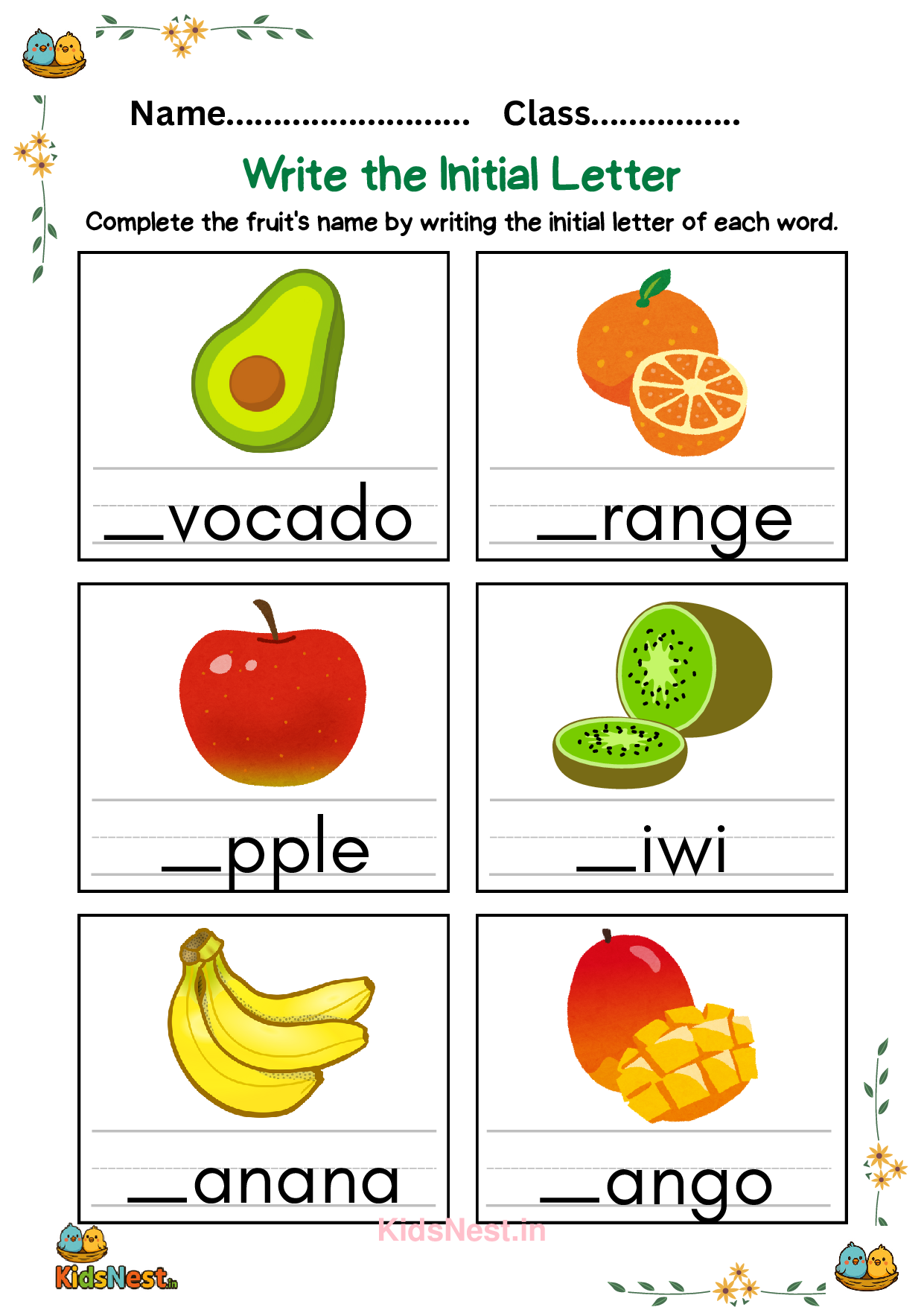 Fruit Name Completion Worksheet for Kids | Printable Activity