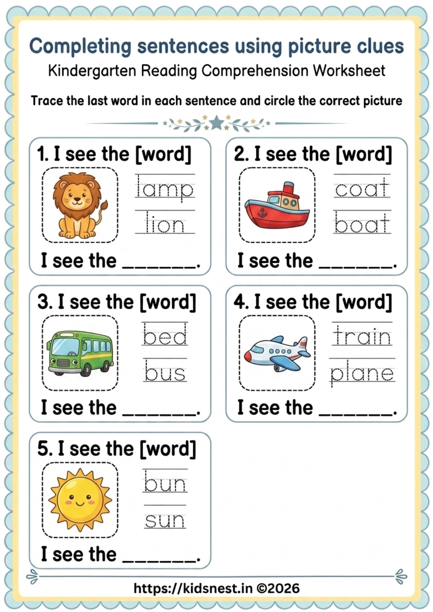 Complete the Sentence Reading Worksheets for Kids | Printable