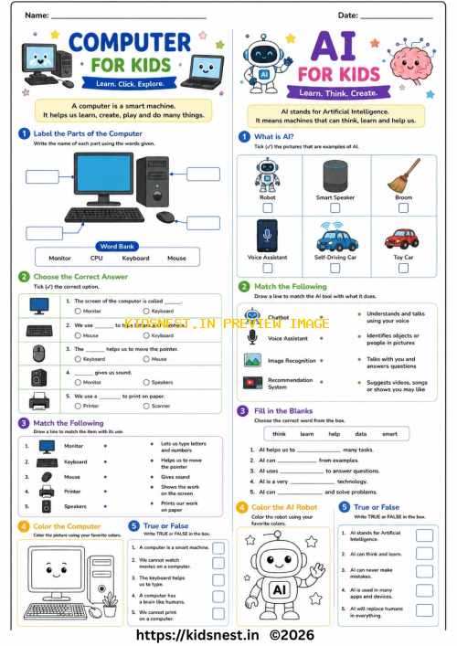 Computer & AI Worksheets for Kids | Fun Tech Activities