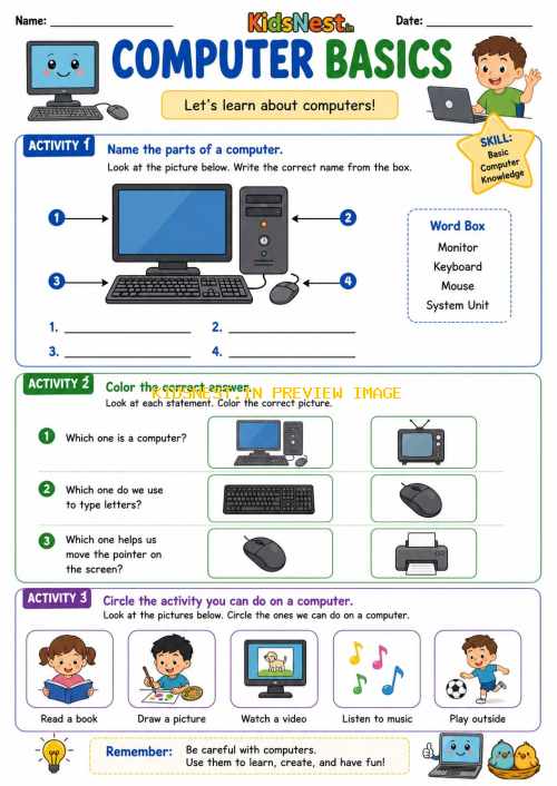 Computer Basics Worksheet for Grade 1 | Printable Lesson