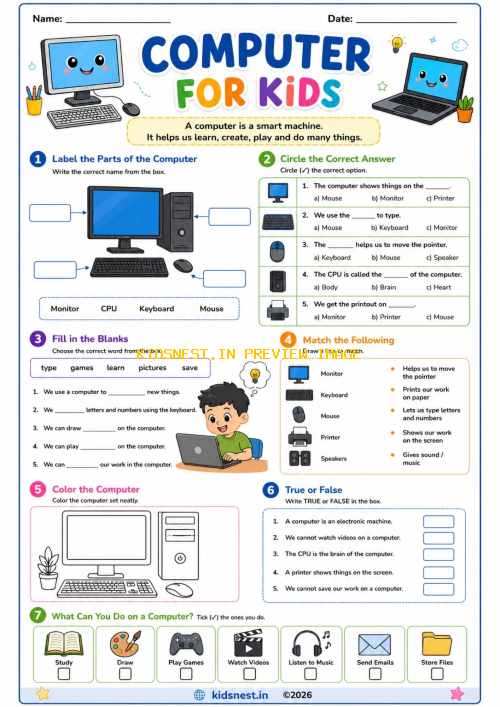 Computer Basics Worksheet for Grade 1 | Printable PDF