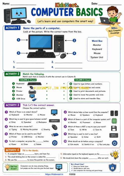 Computer Basics Worksheet for Grade 2 | Printable Activity