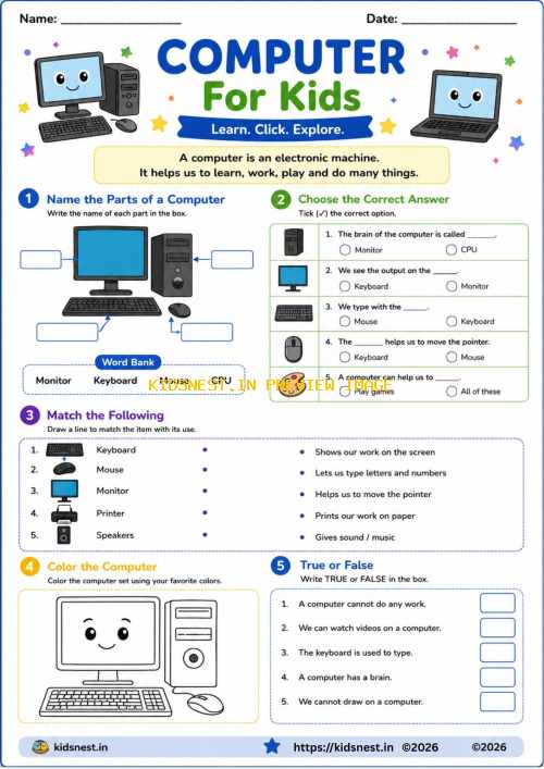 Computer Basics Worksheet for Kids | Fun Printable Activity