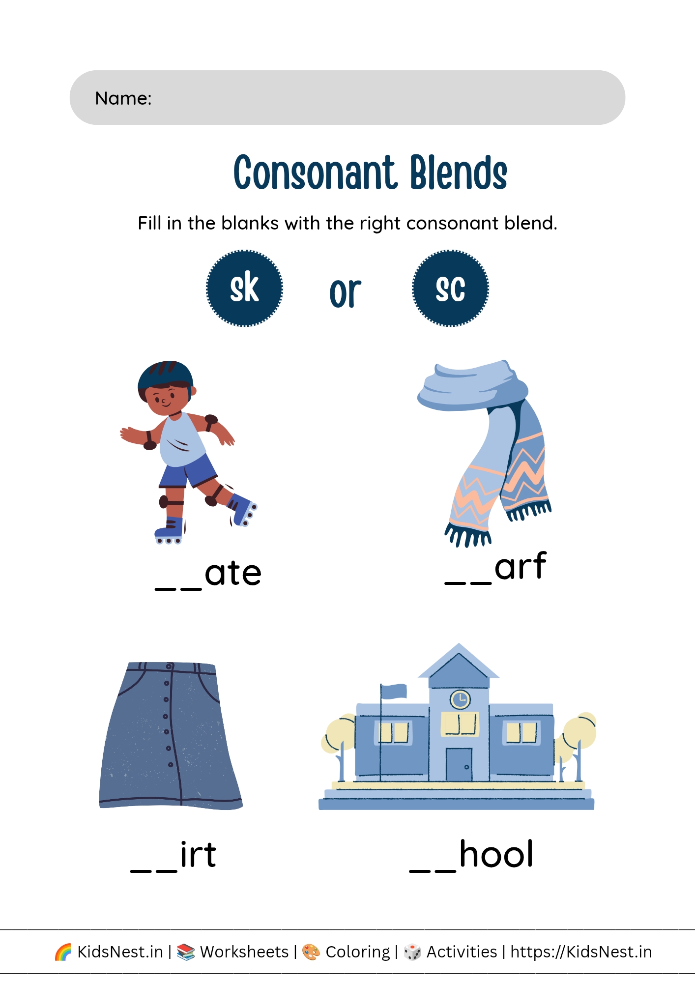 Consonant Blends sk or sc | Printable Kids Worksheet