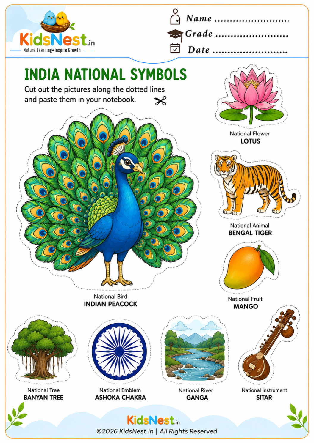 India National Symbols: Cut and Paste Activity for Kids