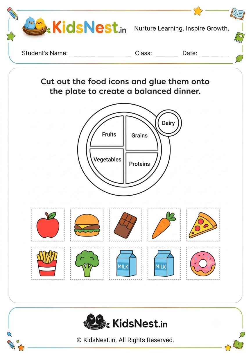 Cut and Paste Balanced Dinner Worksheets for Kids