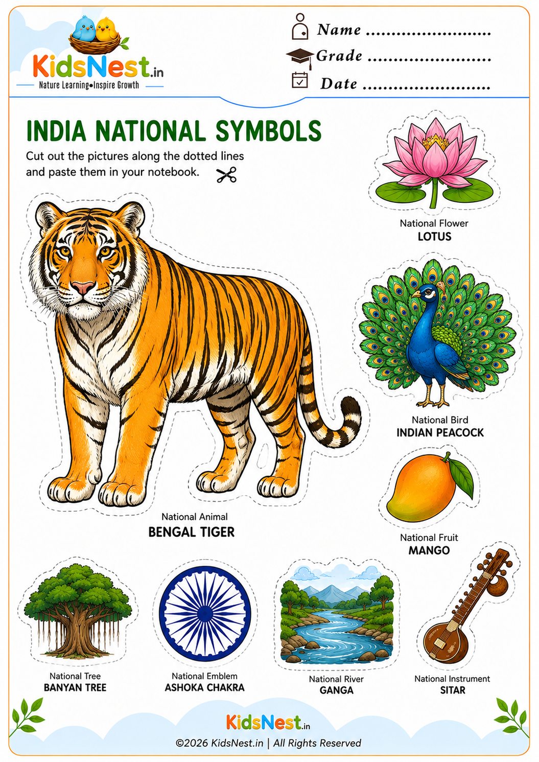 Cut and Paste India National Symbols Worksheet for Kids