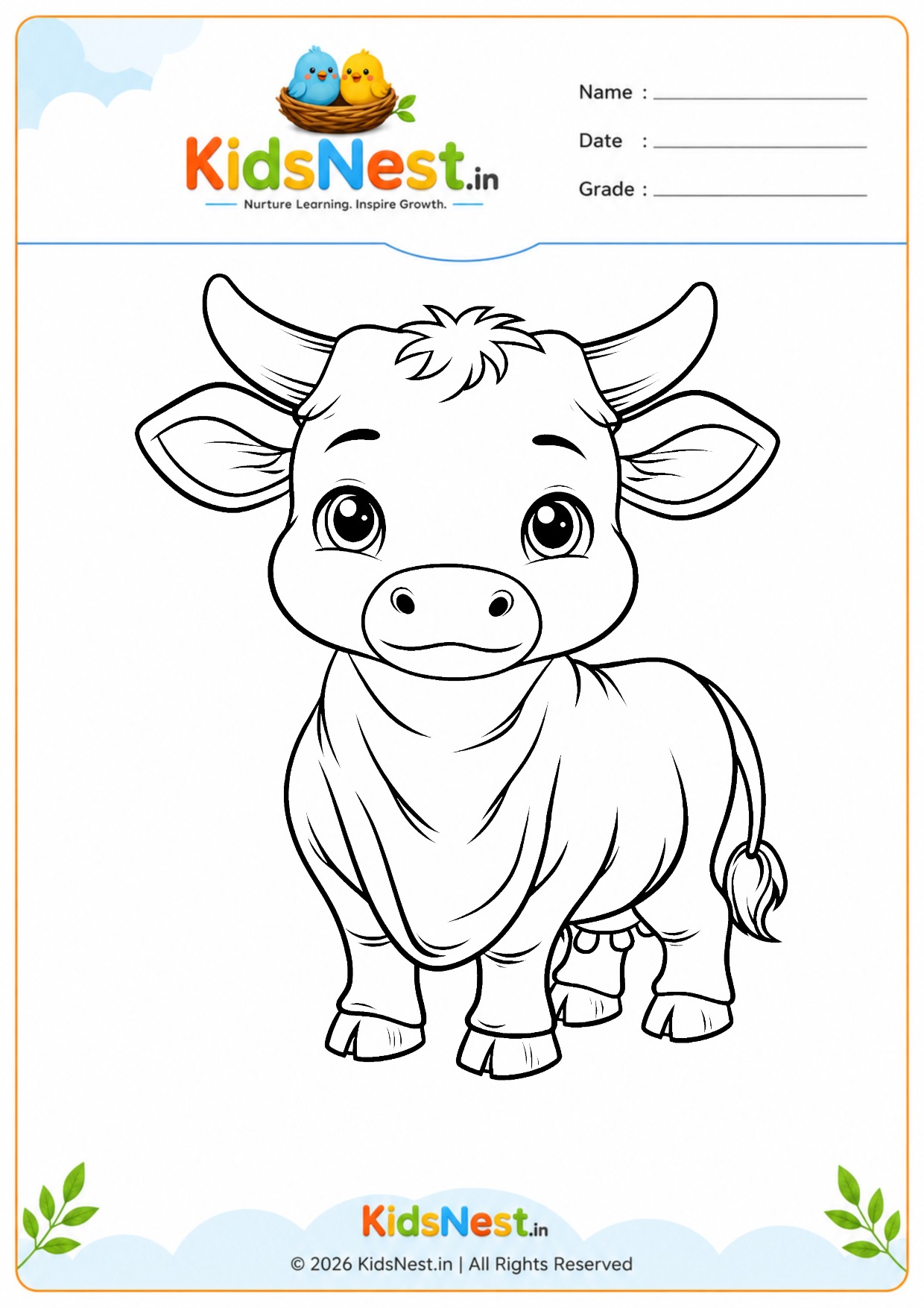 Cute Baby Cow Coloring Worksheet for Kids | Free Printable