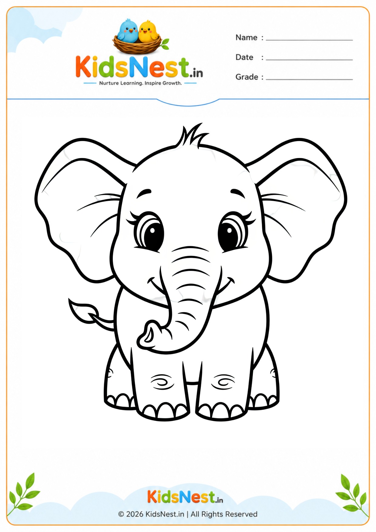 Cute Baby Elephant Coloring Page for Kids | Free Printable