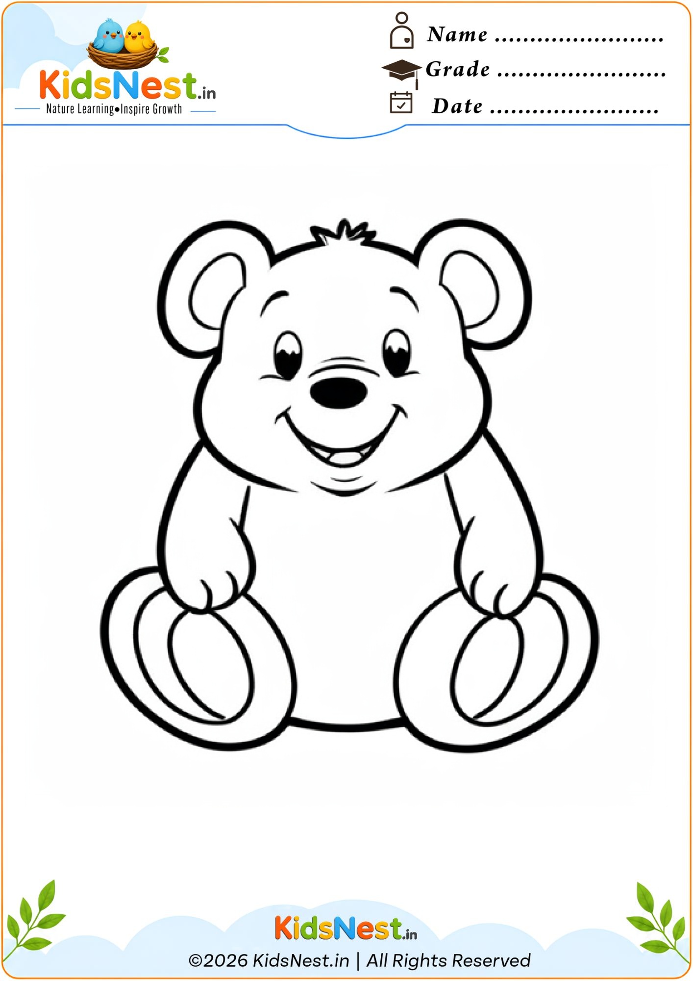 Cute Bear Coloring Page for Kids | Free Printable Worksheet