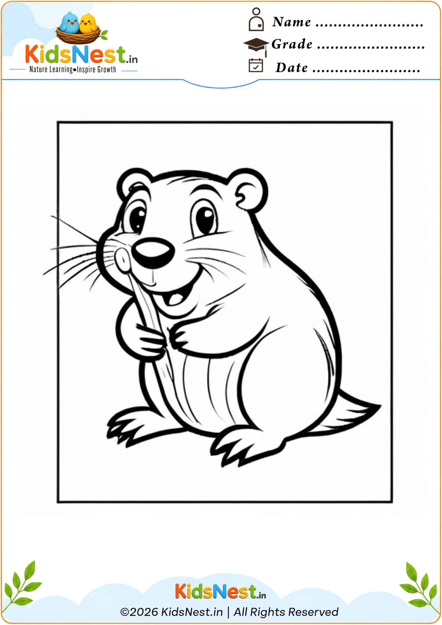 Cute Beaver Coloring Worksheet for Kids | Free Printable PDF