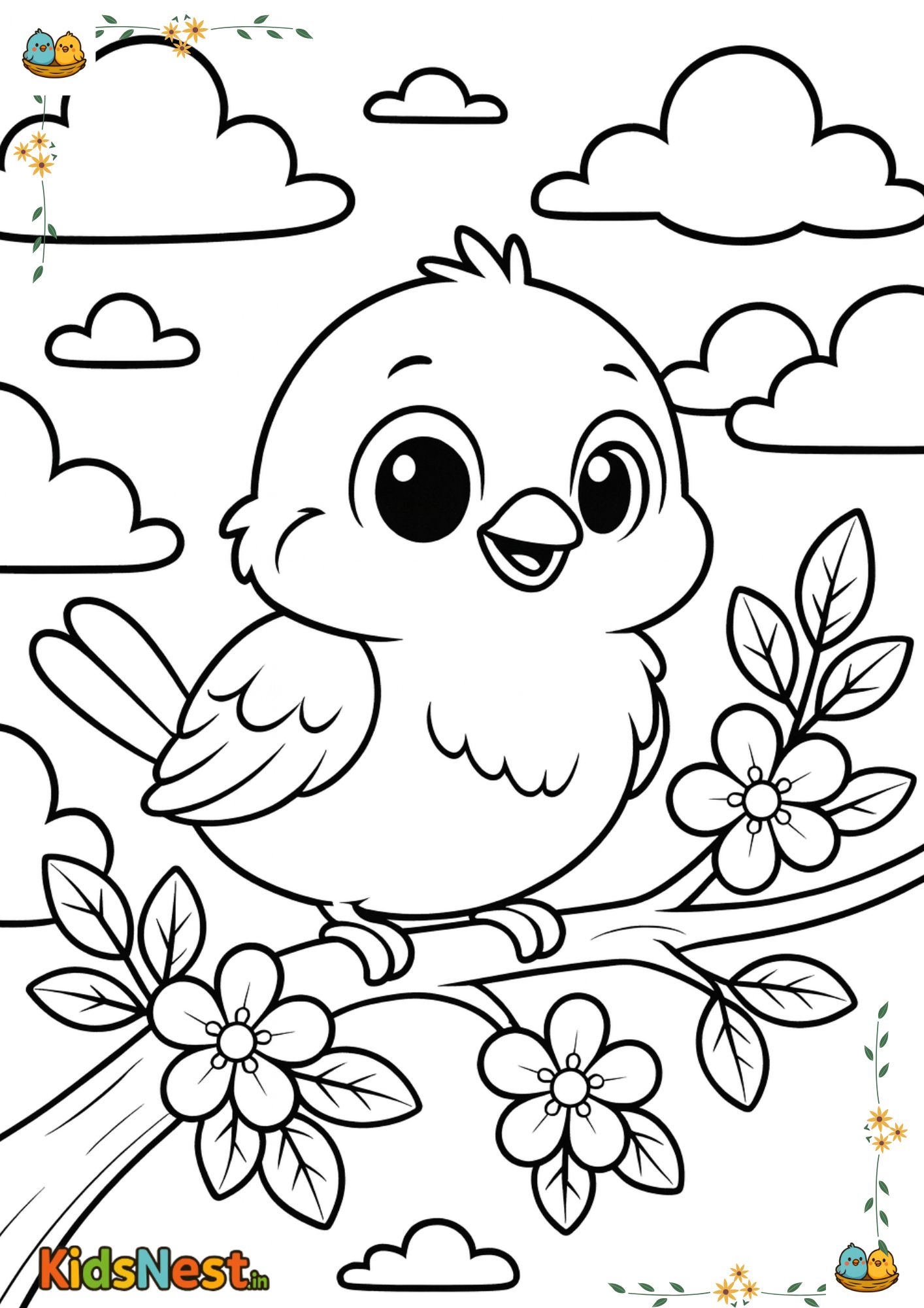 Printable Cute Bird Coloring Page for Kids | Free Download