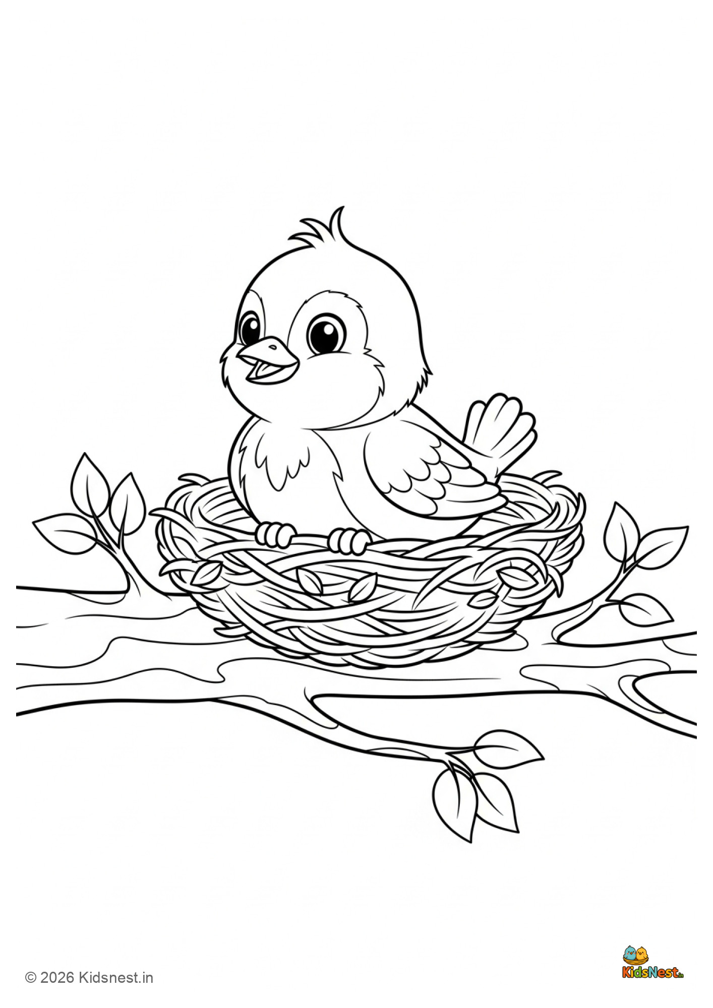 Cute Bird in Nest Coloring Page for Kids | Free Printable