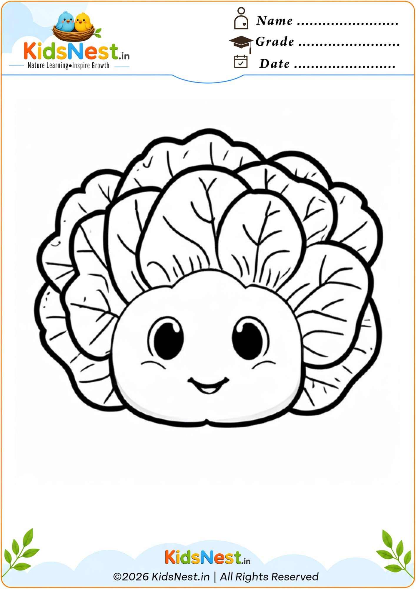 Cute Cabbage Coloring Worksheet for Kids | Free Printable