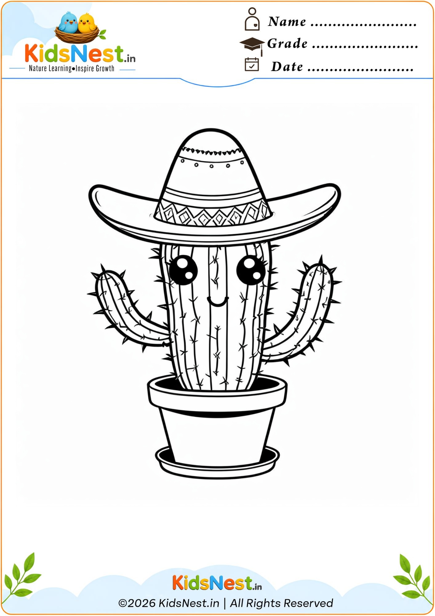 Cute Cactus with Sombrero Coloring Page | Free Printable PDF