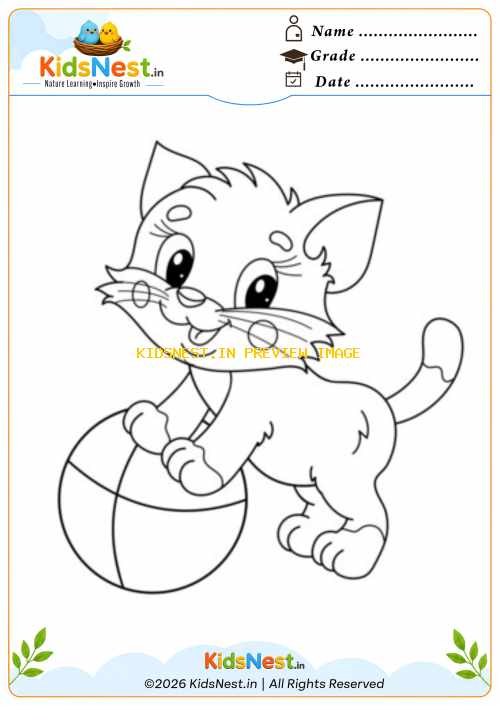 Cute Cat Playing with Ball Coloring Page for Kids | Printable