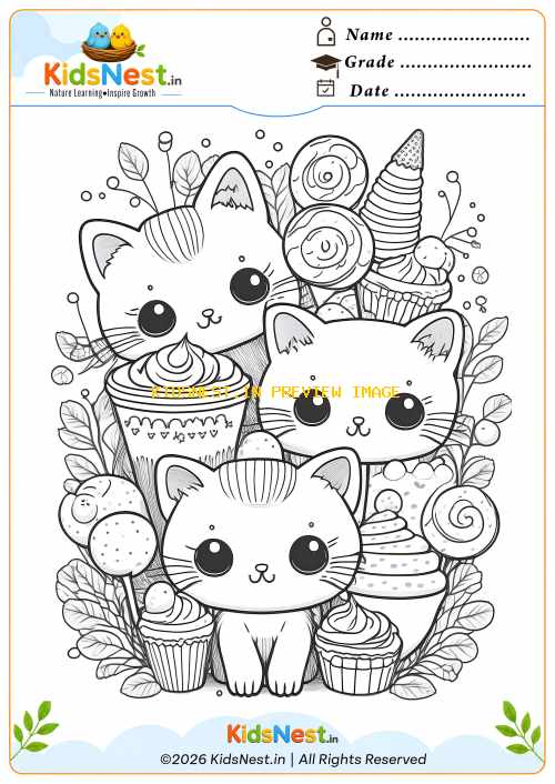 Cute Cats and Sweets Coloring Page for Kids | Printable PDF