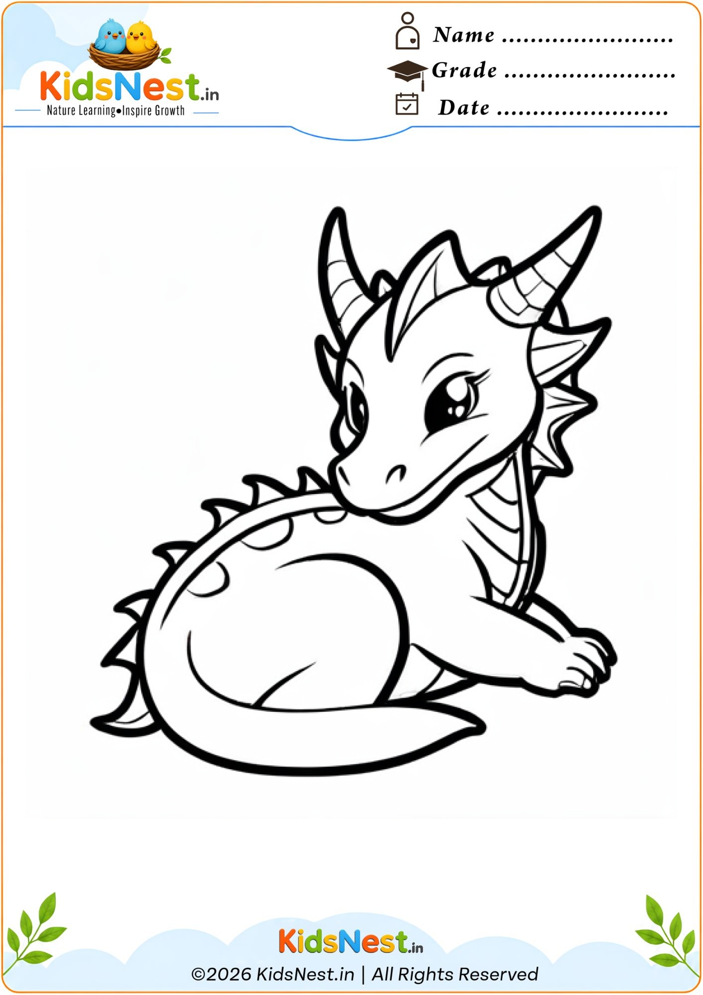 Cute Dragon Coloring Worksheet for Kids | Printable PDF