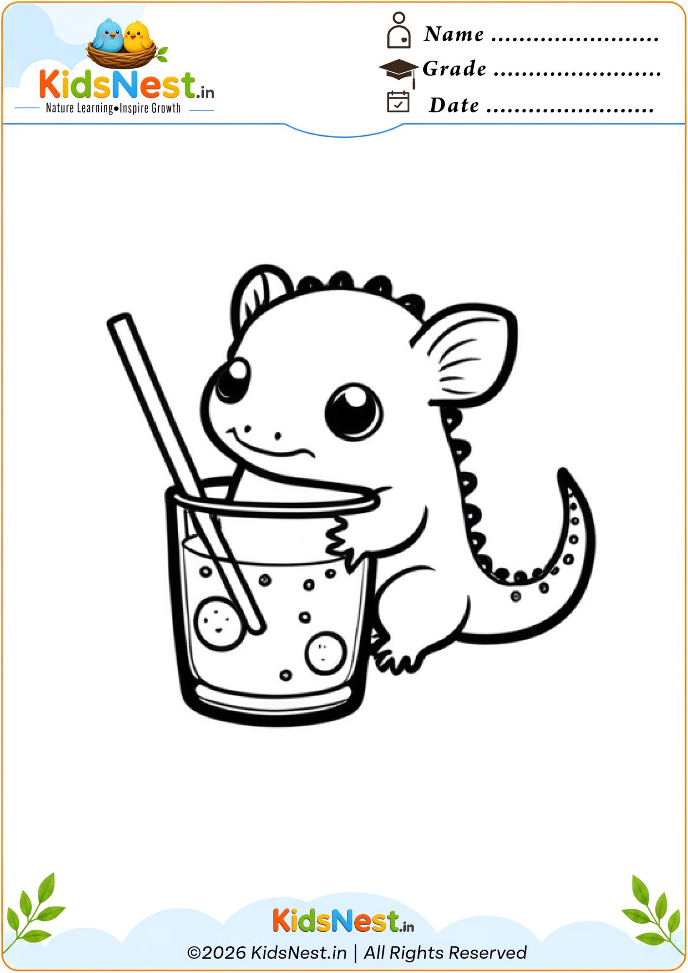 Cute Dragon Drinking Juice Coloring Page | Printable for Kids