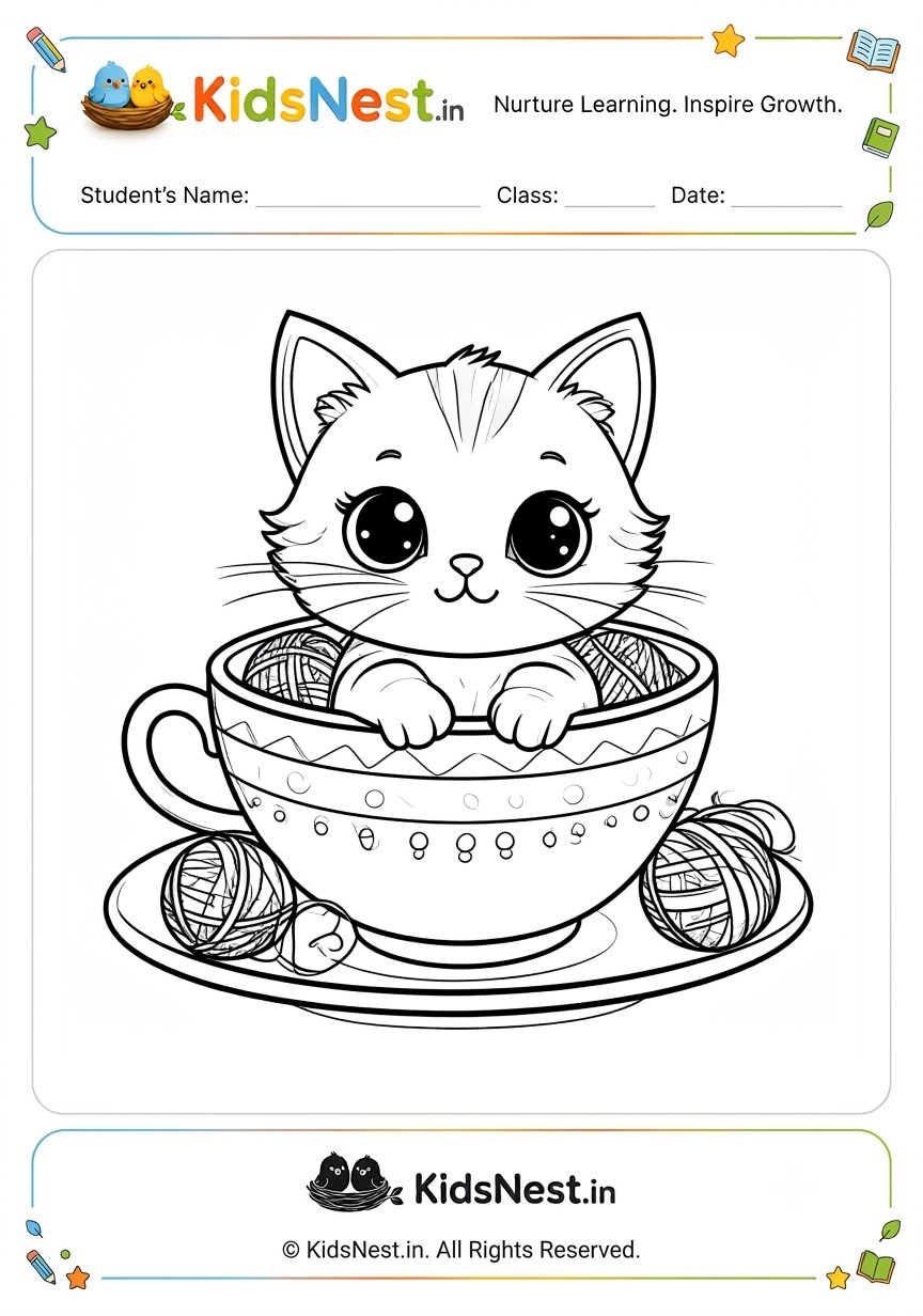 Cute Kitten in a Teacup Coloring Page | Printable for Kids