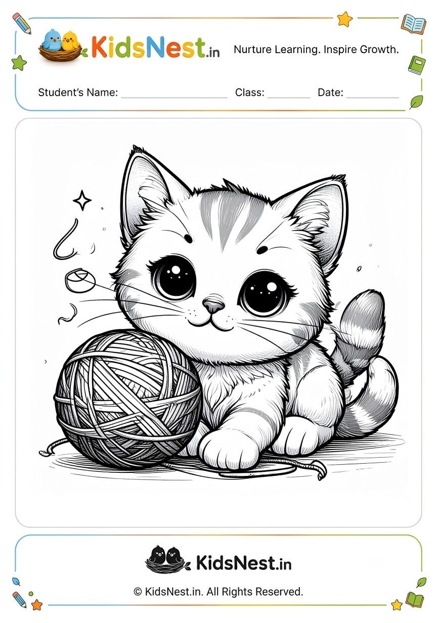Cute Kitten Playing with Yarn Coloring Page for Kids