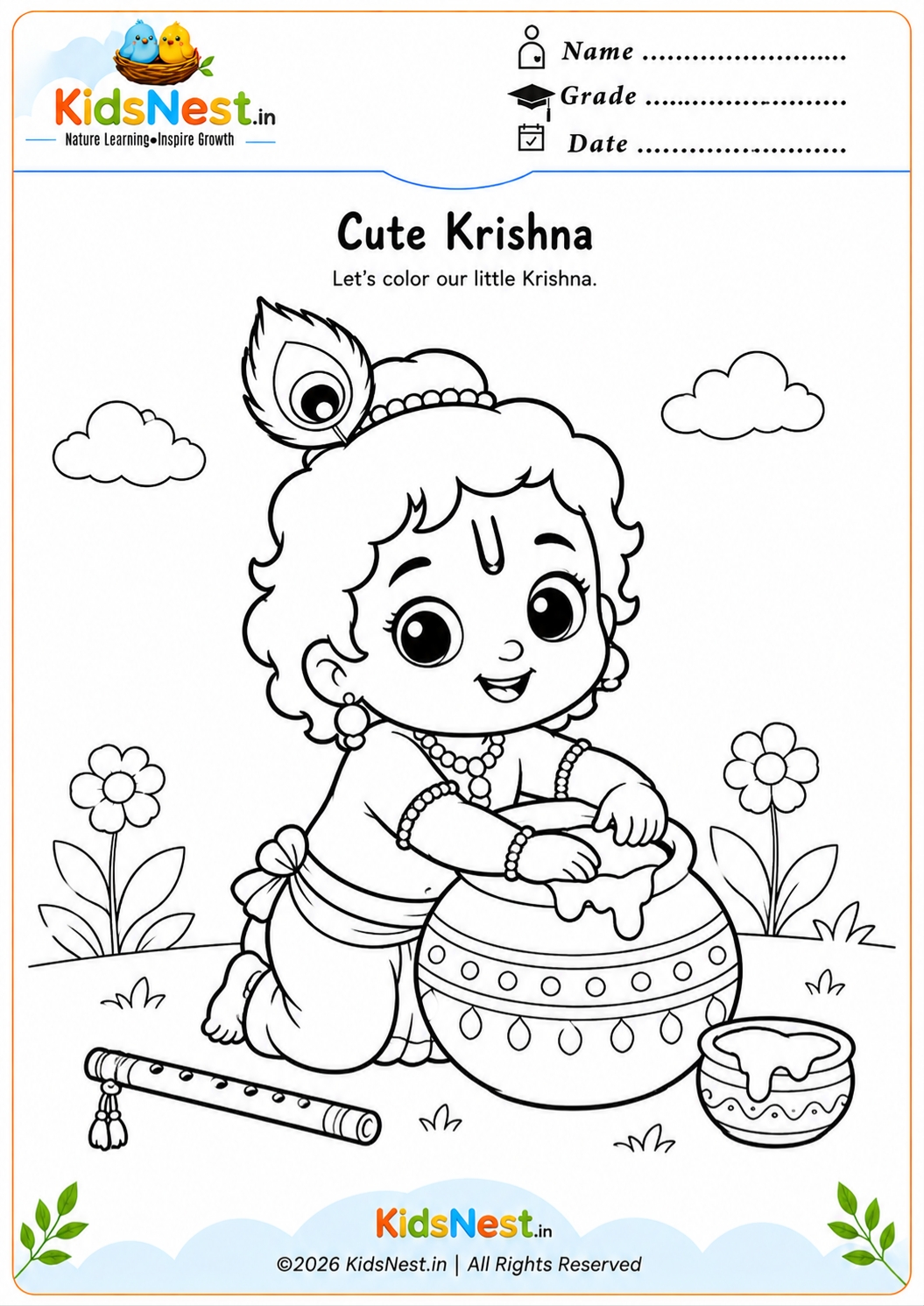 Cute Krishna Coloring Page for Kids | Free Printable PDF