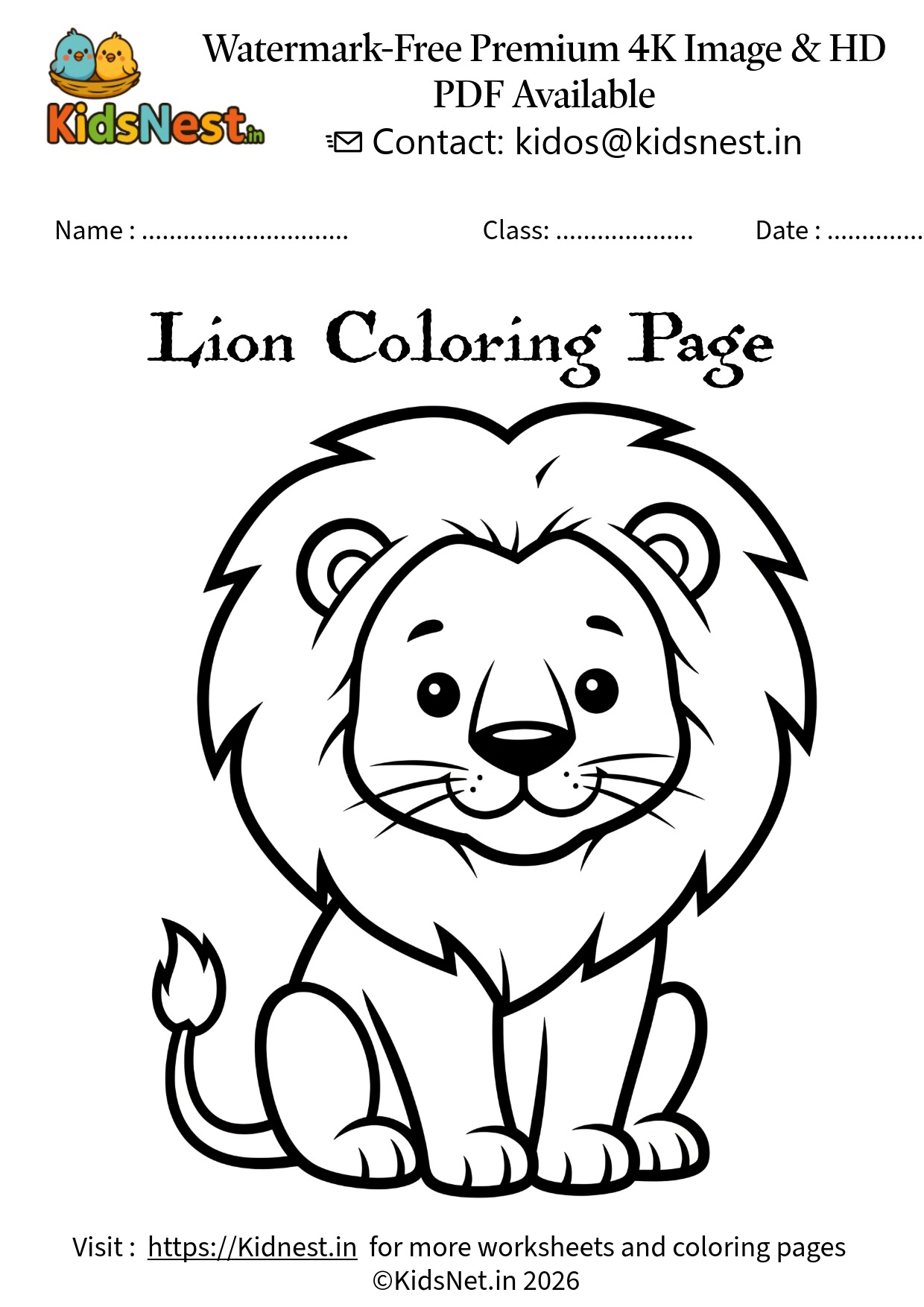 Free Printable Cute Lion Coloring Page for Kids & Preschoolers