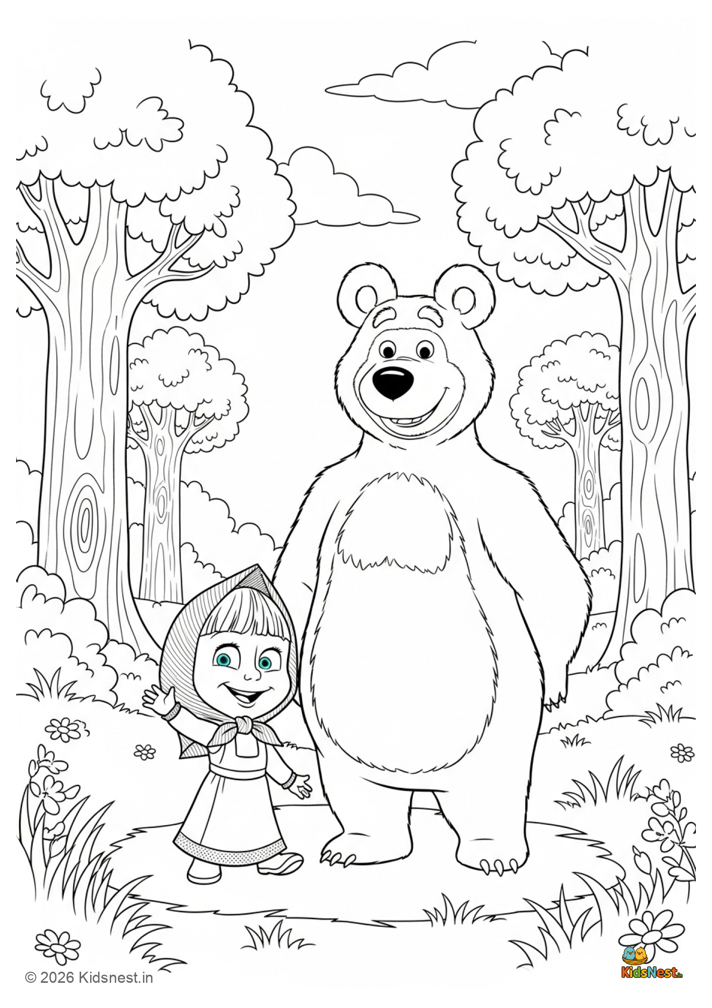 Cute Masha and Bear Coloring Page for Kids | Free Printable