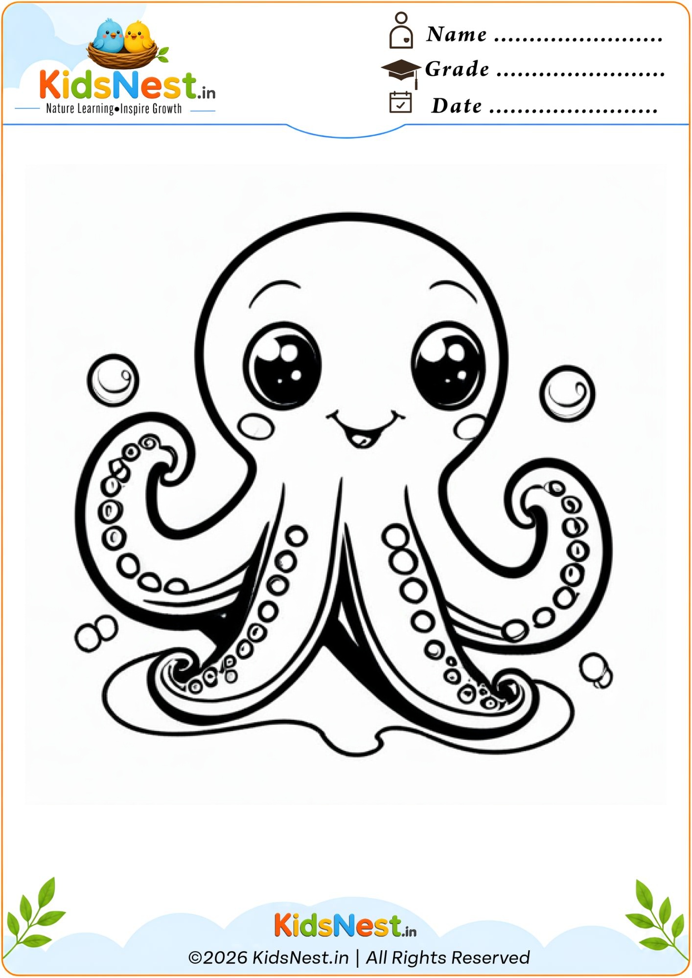 Cute Octopus Coloring Worksheet for Kids | Free Printable