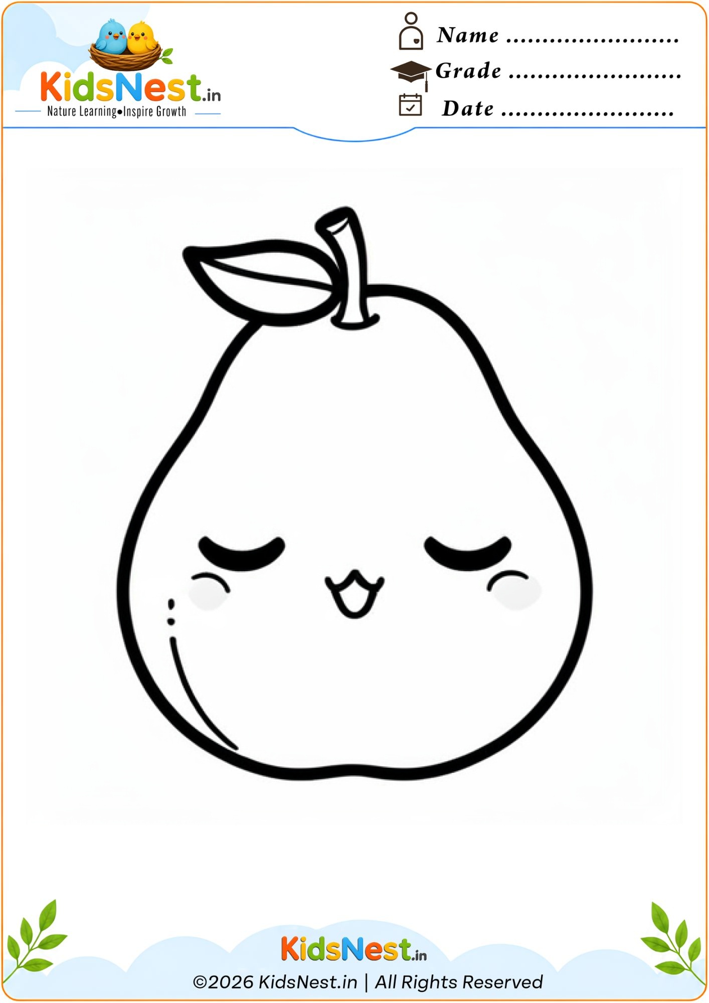Cute Pear Coloring Page for Kids | Free Printable Worksheet