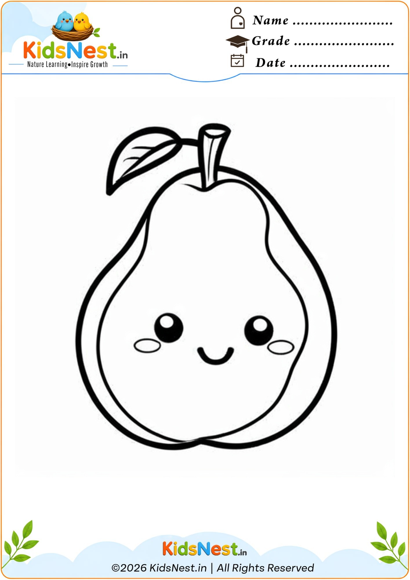 Cute Pear Coloring Page for Kids | Free Printable Worksheet