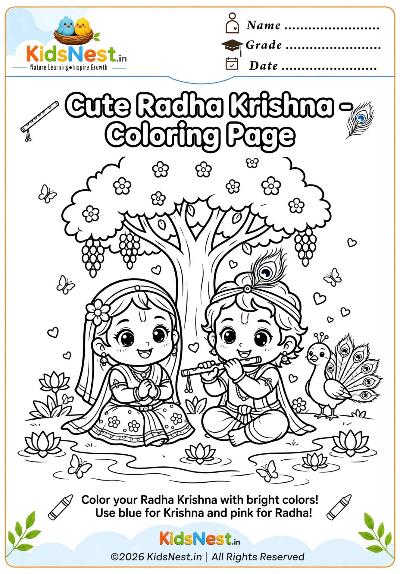 Cute Radha Krishna Coloring Page for Kids | Free Printable