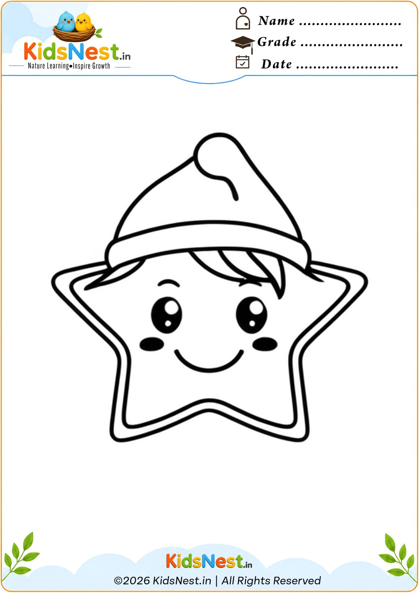 Cute Star with Santa Hat Coloring Page | Printable for Kids