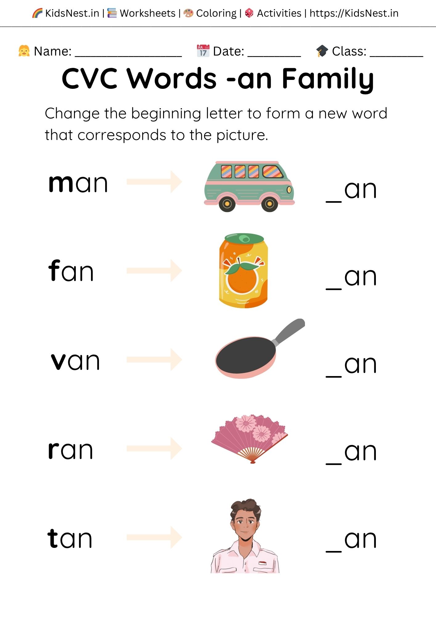 CVC -an Family Phonics Worksheet | Printable for Parents & Teachers