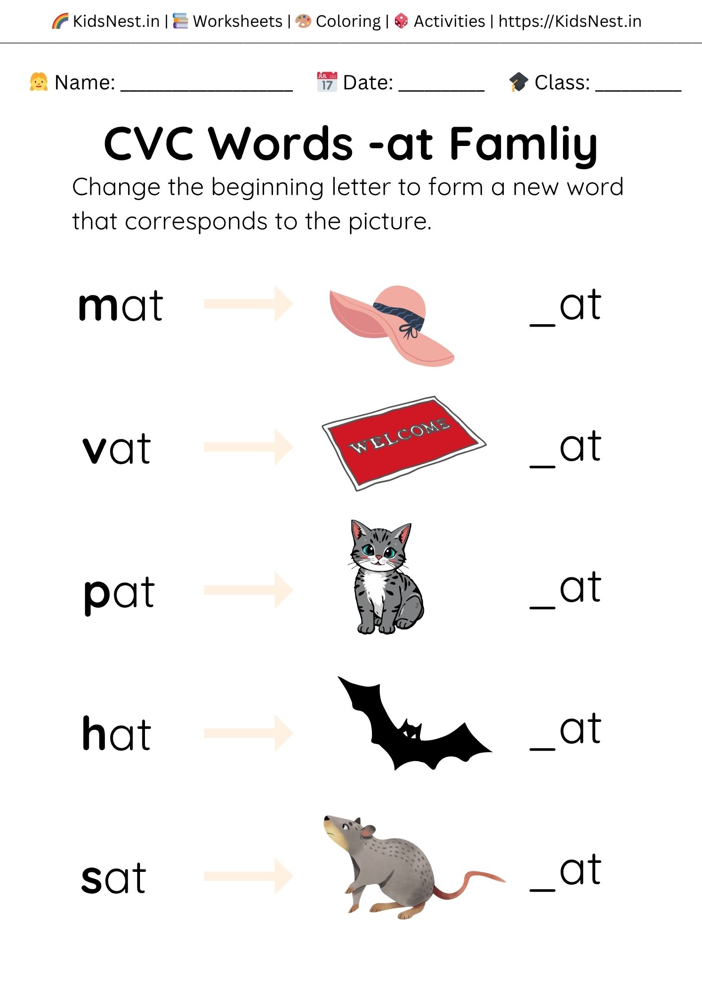 CVC Words: -at Family Phonics Worksheets | Learn to Read