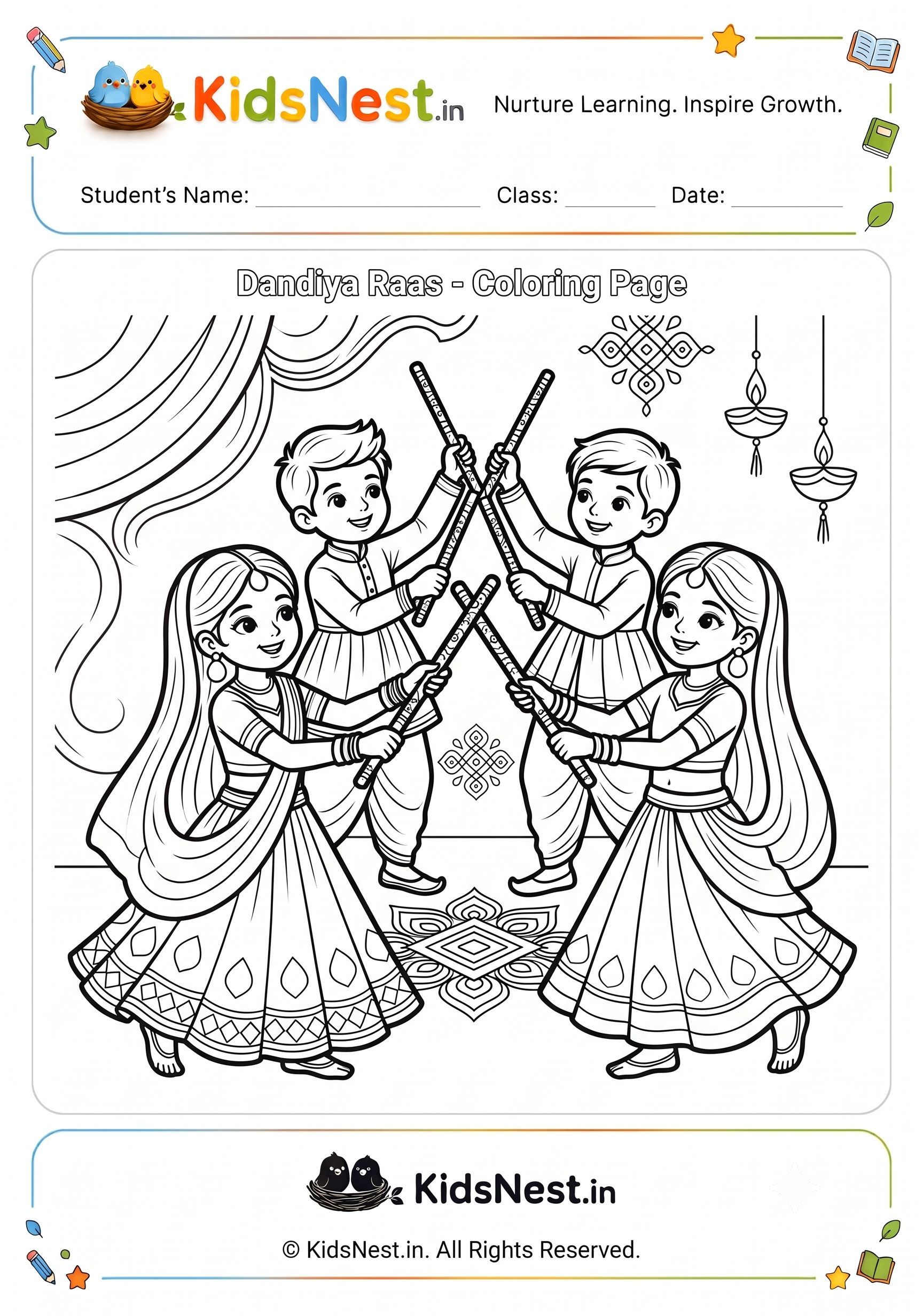 Dandiya Raas Coloring Page for Kids | Printable Navratri Activity
