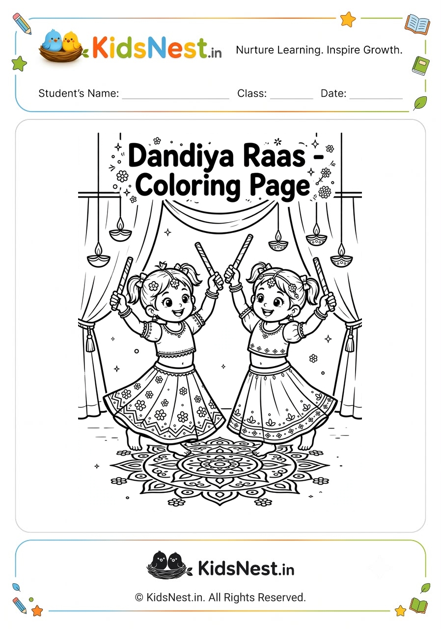 Dandiya Raas Coloring Page for Kids | Free Printable PDF
