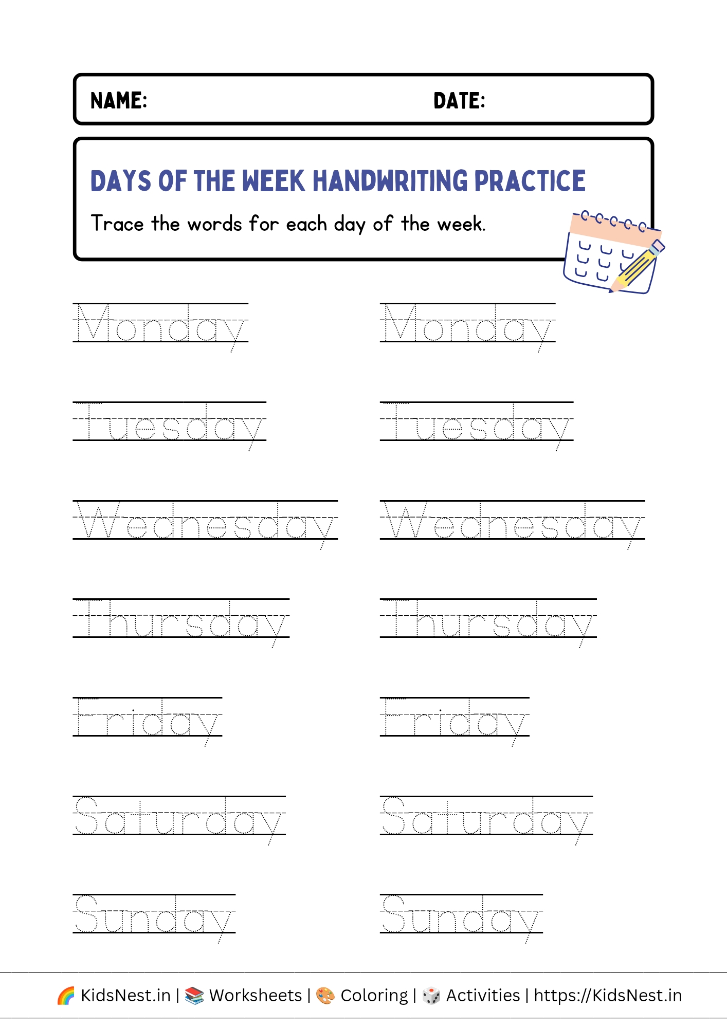 Days of the Week Tracing Worksheet - Printable for Kids