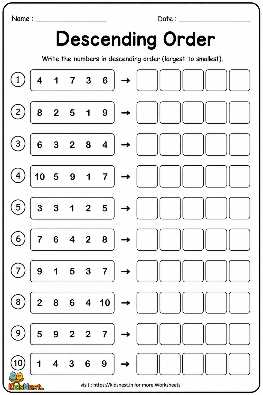 Descending Order Worksheet for Kids | Printable Math Activity
