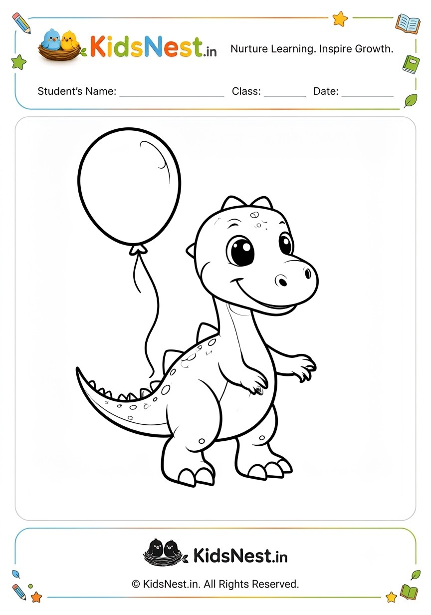 Free Dinosaur Coloring Worksheet with Balloon | Print