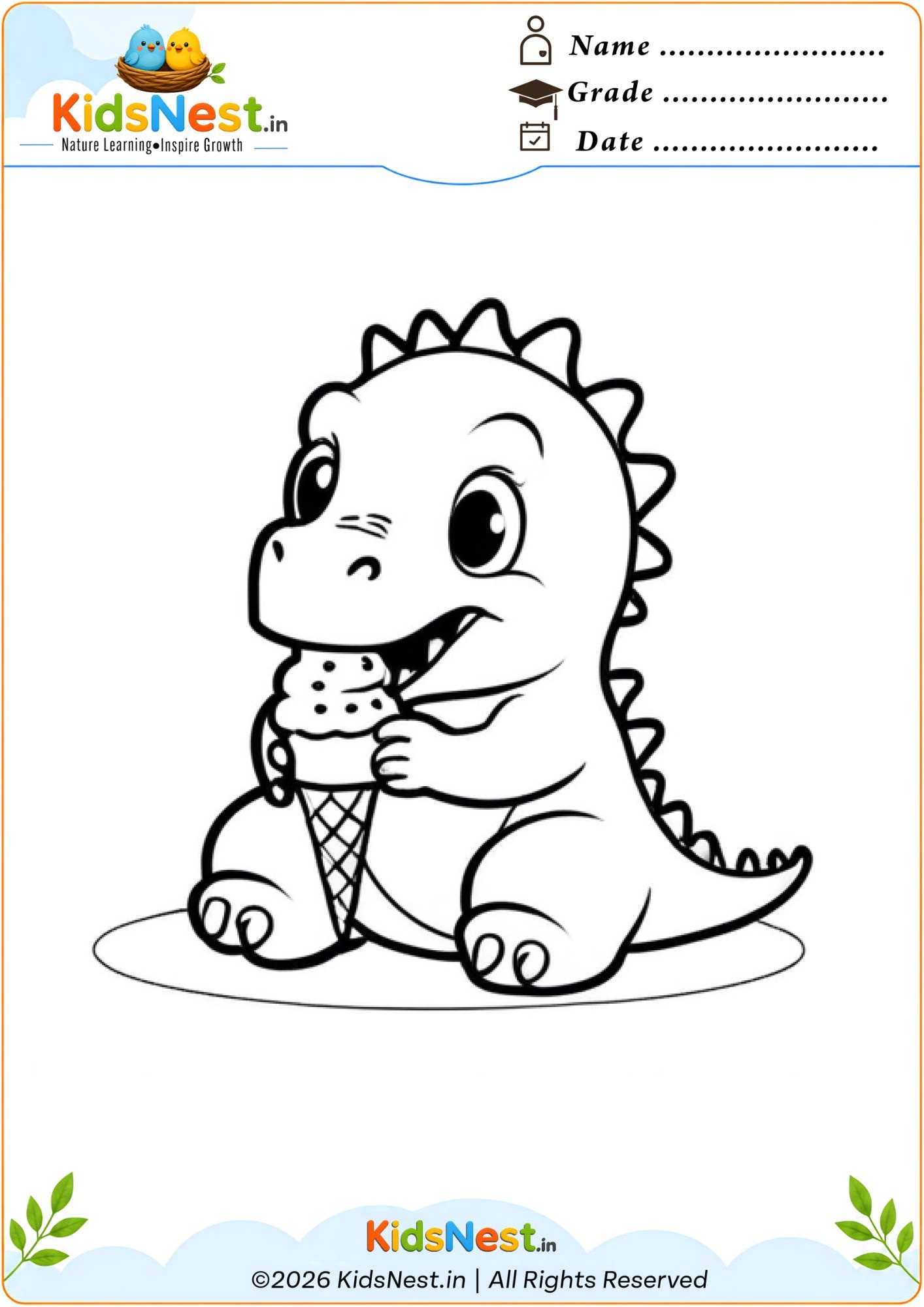 Dinosaur Eating Ice Cream Coloring Page | Printable for Kids