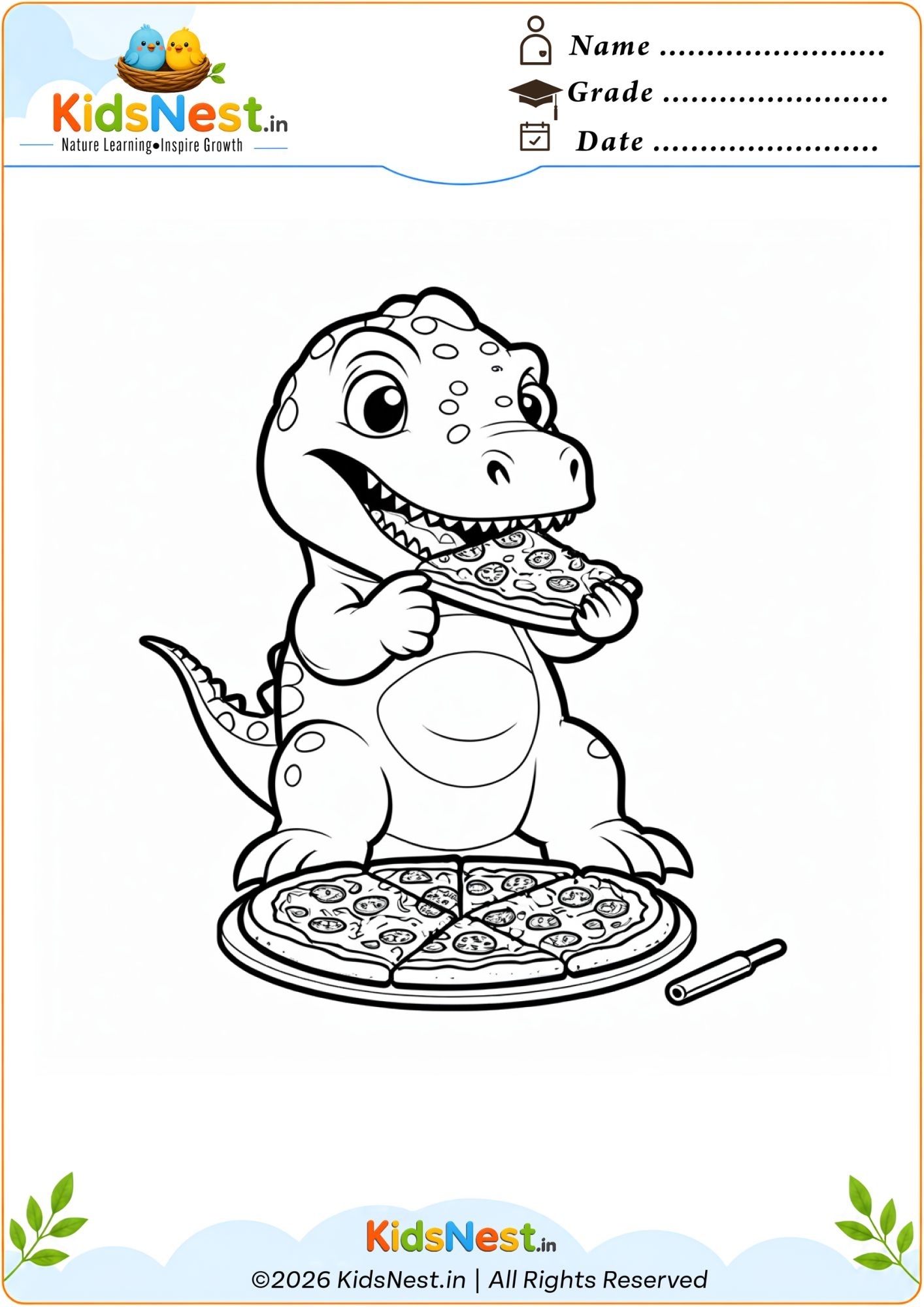 Dinosaur Eating Pizza Coloring Page | Printable for Kids