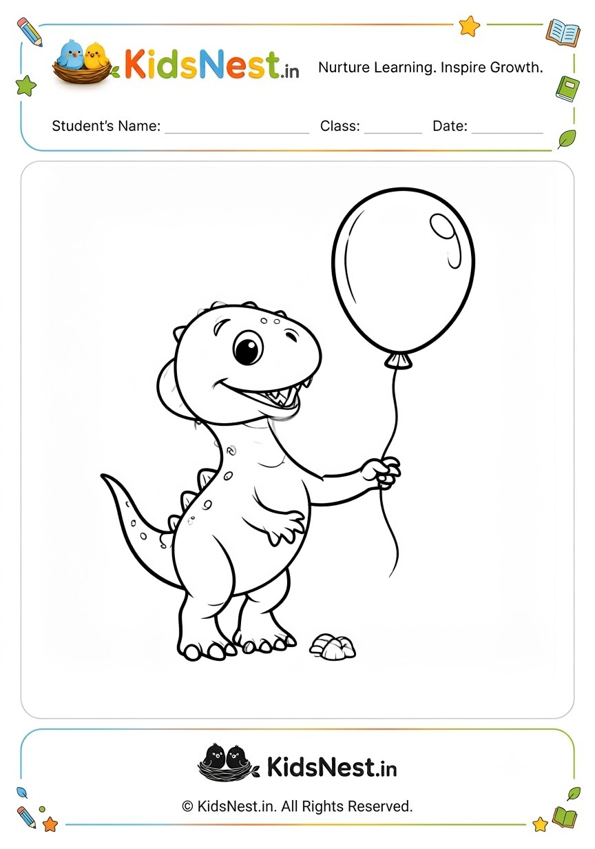Free Dinosaur with Balloon Coloring Worksheet | Kids Printables