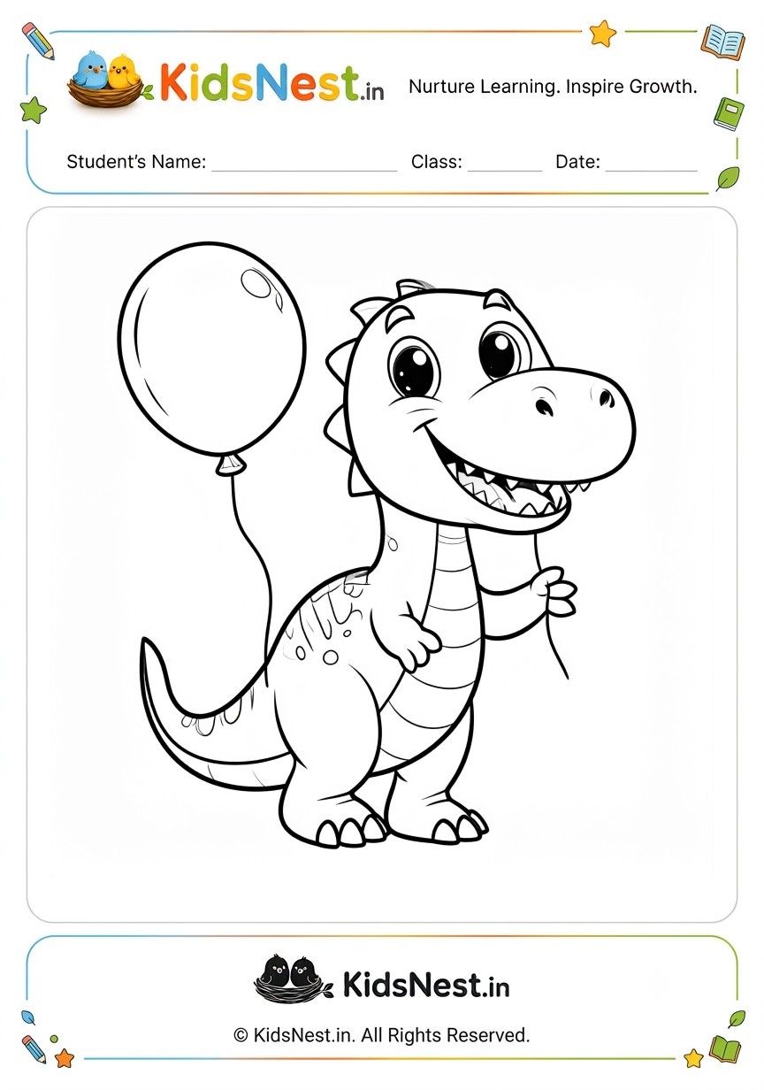 Dinosaur with Balloon Coloring Worksheet | Free Printable