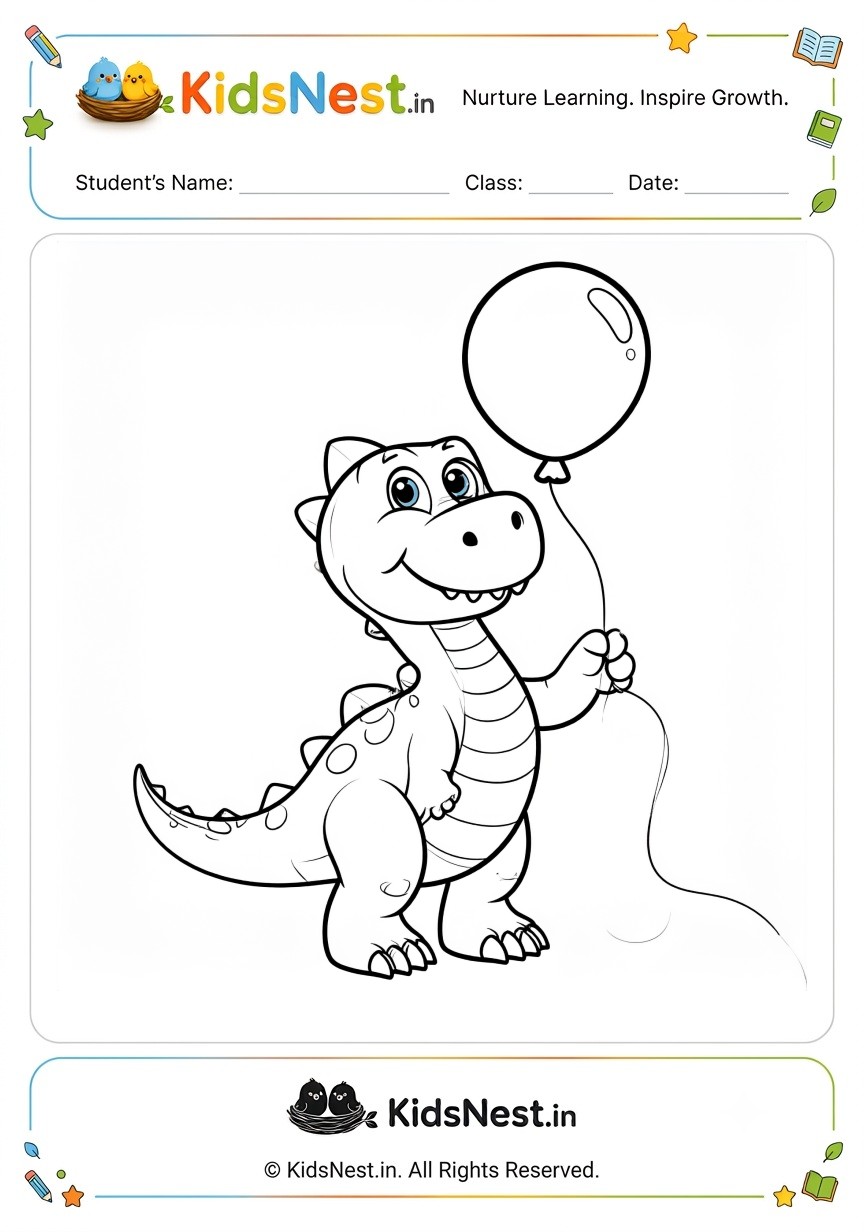 Free Dinosaur with Balloon Coloring Worksheet | Kids Print