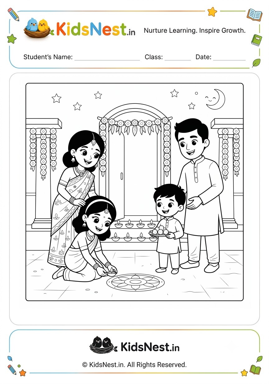 Diwali Family Celebration Coloring Page for Kids | Printable